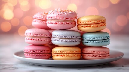 Fototapeta premium Sweet and colorful macarons on a pink plate over white wooden background, side view. Copy space.