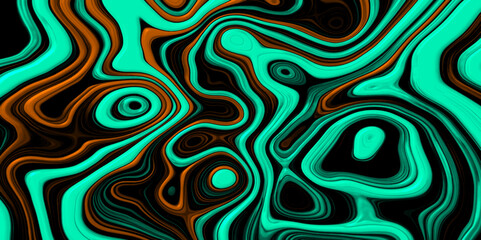 Abstract Fluidy Glass Textured Liquid Stylized Cartographic Terrain with Teal & Orange Contouring. 3D Cartographic Weave seamless striped patterns and wavy Shaped Wrinkled Foil Shimmer Background.