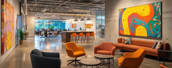 A dynamic co-working space with flexible seating arrangements, vibrant art, and areas designed for collaboration and private thought
