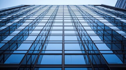Fototapeta premium A high-rise buildinga??s facade detail, showcasing a pattern of asymmetrical windows and reflective glass