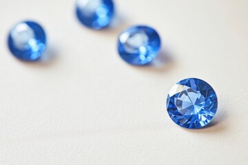 Four round cut sapphires of different sizes on a white background in a blue color, macro photography.