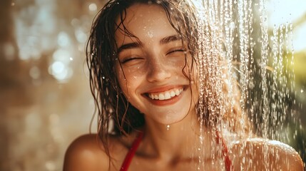 Obraz premium Joyful Woman in Red Swimsuit Smiling Under Relaxing Modern Bathroom Shower