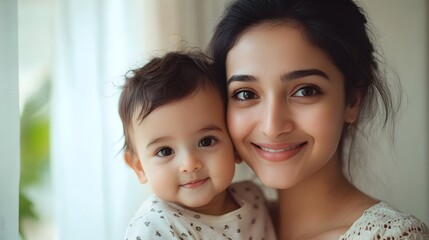 Loving Mother and Child Embrace with Bright,Welcoming Smiles