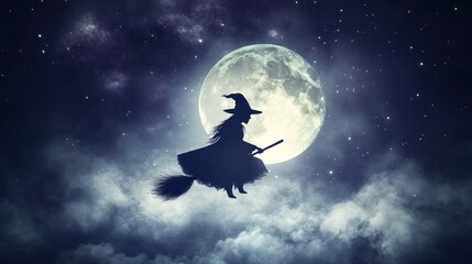 Naklejka premium Witch flying on her broomstick against the background of the moon and clouds, Halloween banner concept. 