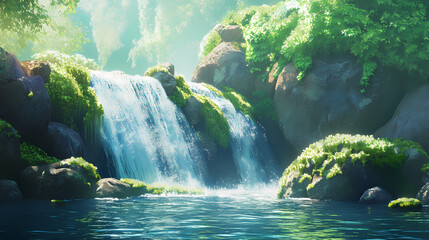 A gentle waterfall cascades over moss-covered rocks into a pool of shimmering water, creating a serene natural oasis. Moss-Covered Rocks. Illustration