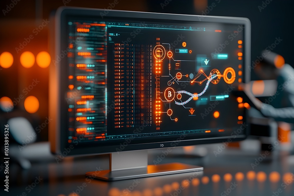 Poster towering high tech data server racks pulsing with blockchain nodes and dna strands flowing through t