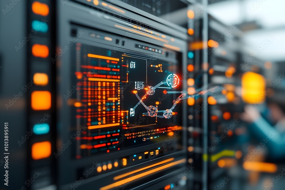 Poster towering data server racks pulsing with blockchain nodes dna strands flowing through transparent tub
