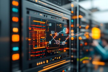 Naklejka premium Towering data server racks pulsing with blockchain nodes DNA strands flowing through transparent tubes