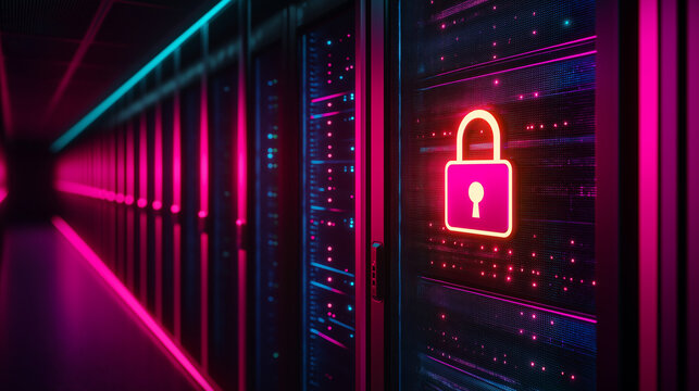 Secure Server Room with Neon Lock Symbol and Data Glowing Lights