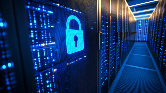 Secure Server Room with Neon Lock Symbol and Data Glowing Lights