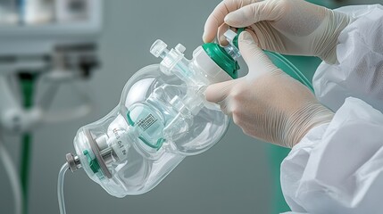 Medical professional holding an anesthesia mask, preparing for patient care in a clinical environment.