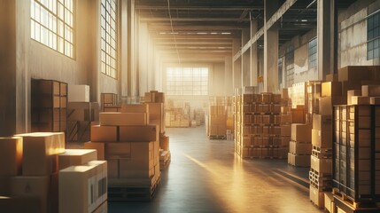 A spacious warehouse filled with boxes and natural light streaming through windows, showcasing an organized storage environment.