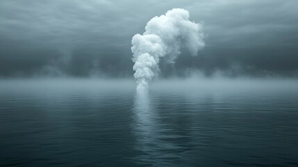 Single Smoke Plume Rising from the Ocean on a Cloudy Day