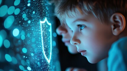 A family gathered around a computer with a digital representation of a security shield, emphasizing the importance of cybersecurity and online safety for all.