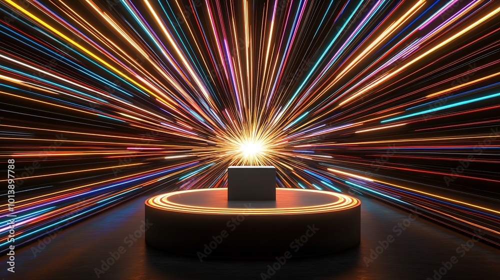 Aufkleber A black cube sits on a platform with neon lights emanating from behind.