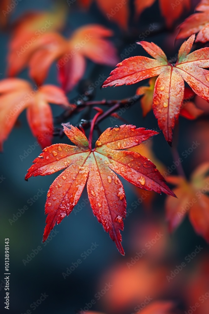 Wall mural Close up of red maple leaves with water droplets after autumn rain