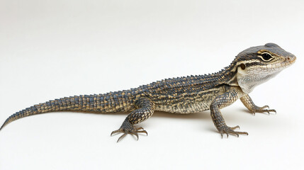 Fototapeta premium Lizard crawling gracefully on white background with copy space