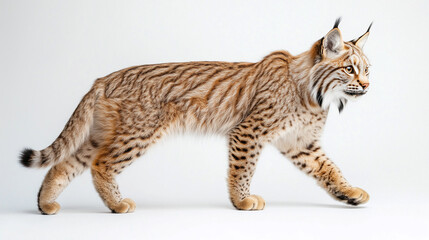 Fototapeta premium Lynx walking gracefully on white background with copy space