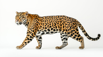 Jaguar walking confidently on white background with copy space



