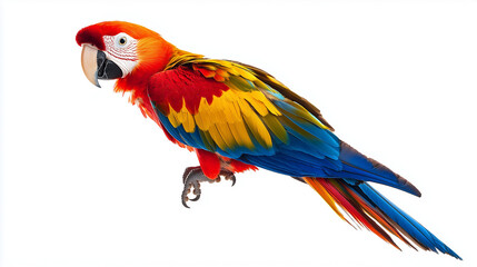 Obraz premium Colorful macaw parrot perched elegantly on white background with copy space