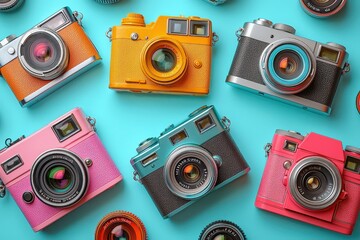 A vibrant collection of colorful vintage cameras arranged on a turquoise background, showcasing...