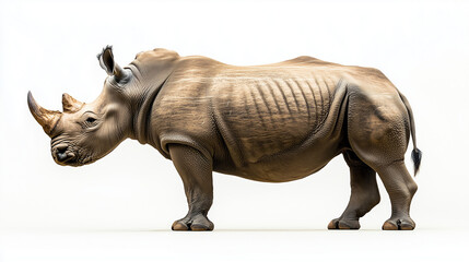 Fototapeta premium Rhinoceros standing proudly on white background with copy space