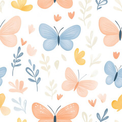 A seamless repeating pattern featuring butterflies and leaves in pastel colors, perfect for nature-inspired projects and creative designs.