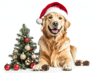 Happy golden retriever wearing a Christmas hat by a festive tree  