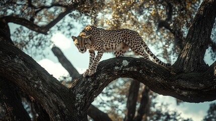 Obraz premium A cheetah stands on a thick branch in a tree looking down towards the ground, its spots and markings are clearly visible.
