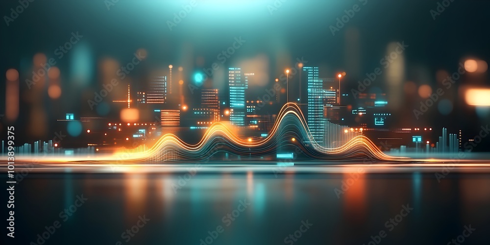 Poster futuristic digital data visualization featuring undulating geometric forms and pulsing data streams 