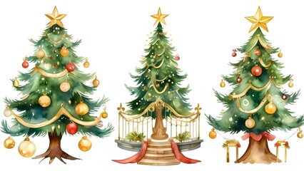 A beautifully decorated Christmas tree adorned with golden ornaments and twinkling fairy lights, depicted in an elegant watercolor style