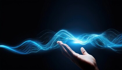 Abstract digital wave dots background with gradient color and hand shape technology concept design for banner or poster on dark background.