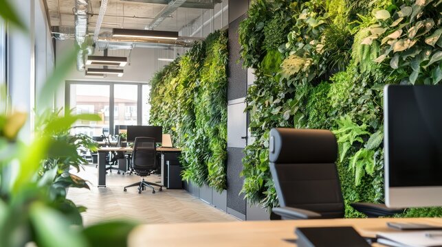 A luxury office with a detailed wall of vertical garden panels, integrating lush greenery with modern design