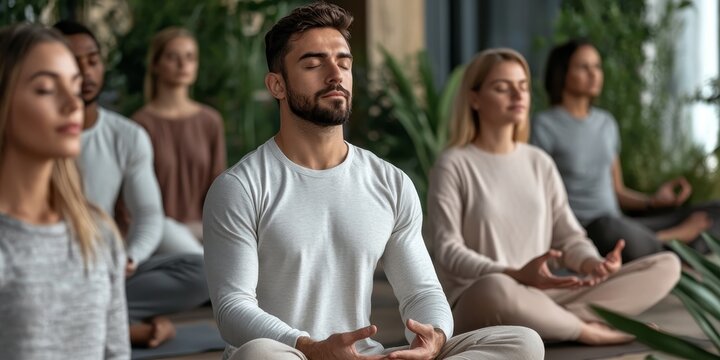 Mindfulness and Stress Management Session: Depict a group practicing mindfulness techniques in a serene environment, emphasizing relaxation and stress relief.