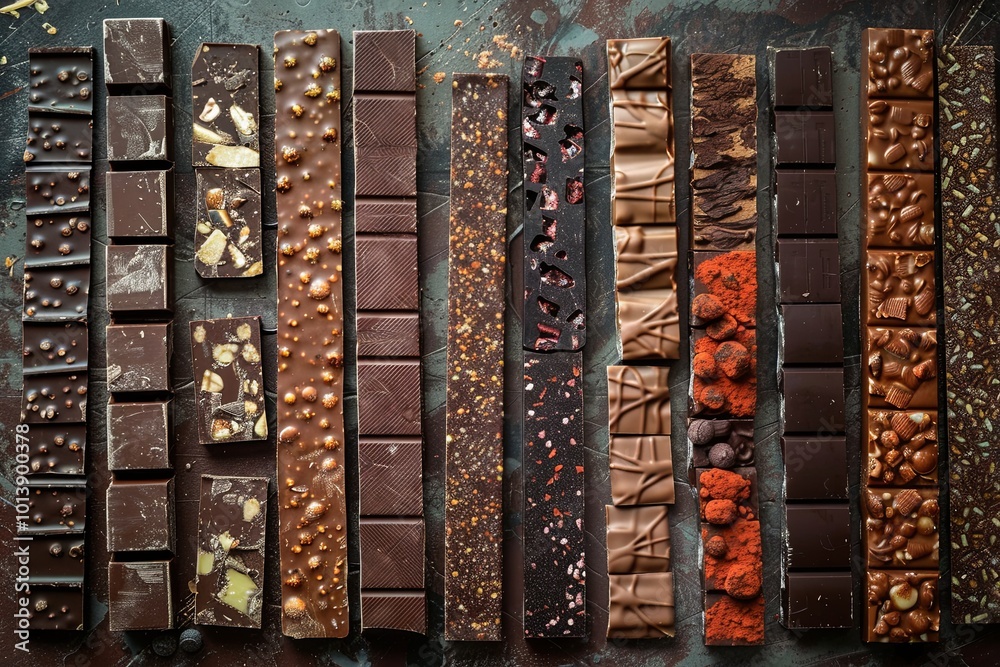 Aufkleber Various types and flavors of chocolate bars neatly arranged on a table. Generative AI