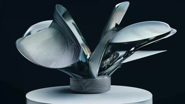 Discover 3D render abstract art sculpture resemblingsurreal alien flower captivating piece features curving wavy biological lines made glass matte aluminum set againststriking black
