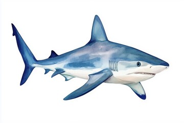 Obraz premium Hand-drawn watercolor grey reef shark illustration isolated on white background. Underwater ocean creature. Marine animals collection