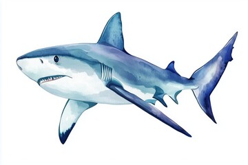 Obraz premium Hand-drawn watercolor grey reef shark illustration isolated on white background. Underwater ocean creature. Marine animals collection