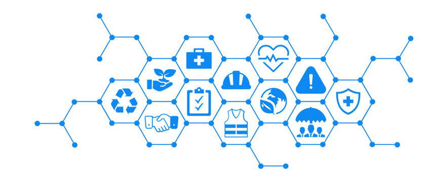 Occupational health and safety vector illustration. Blue concept with icons related to hazard prevention, accident protection in the workplace, safety equipment , gear, caution in dangerous situations