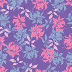 Fototapeta premium Seamless floral pattern, cute ditsy print with small pink flowers, leaves on purple background. Pretty botanical design for fabric, paper and other surfaces. Vector illustration.