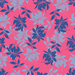 Seamless floral pattern, cute ditsy print with small pink flowers, leaves on purple background. Pretty botanical design for fabric, paper and other surfaces. Vector illustration.