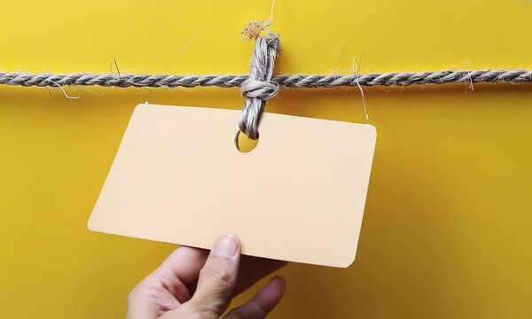 Blank nametag on a string on yellow background copy space