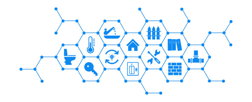 Facility management vector illustration. Concept with icons related to commercial office or residential property caretaker service, building management maintenance, handyman repairman.