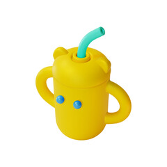 3d Baby Cup Sippy Reservoir Yellow with Straw Newborn Care Accessory Concept Cartoon Design Style Isolated on a White Background. Vector illustration