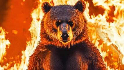 A majestic bear stands confidently in front of roaring flames, embodying strength and resilience. The vibrant fire in the background creates a dramatic, intense atmosphere, suggesting themes of