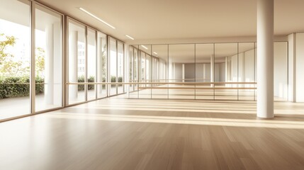 Obraz premium A minimalist dance studio with full-length mirrors, a ballet barre, and a sprung wood floor for optimum performance