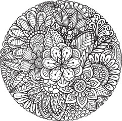 Floral circle mandala doodles for printing, engraving, adult coloring book, paper cut and so on. Vector illustration.