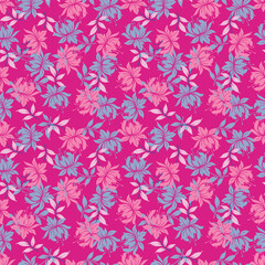 Seamless floral pattern, cute ditsy print with small pink flowers, leaves on purple background. Pretty botanical design for fabric, paper and other surfaces. Vector illustration.