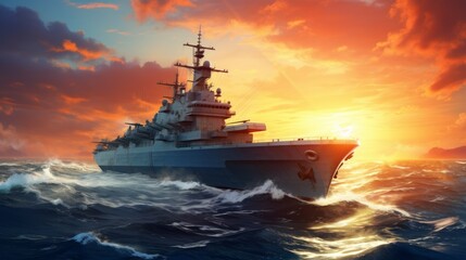 The big military ship carrier on sea at sunset. Neural network ai generated art