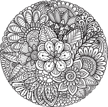 Floral circle mandala doodles for printing, engraving, adult coloring book, paper cut and so on. Vector illustration.